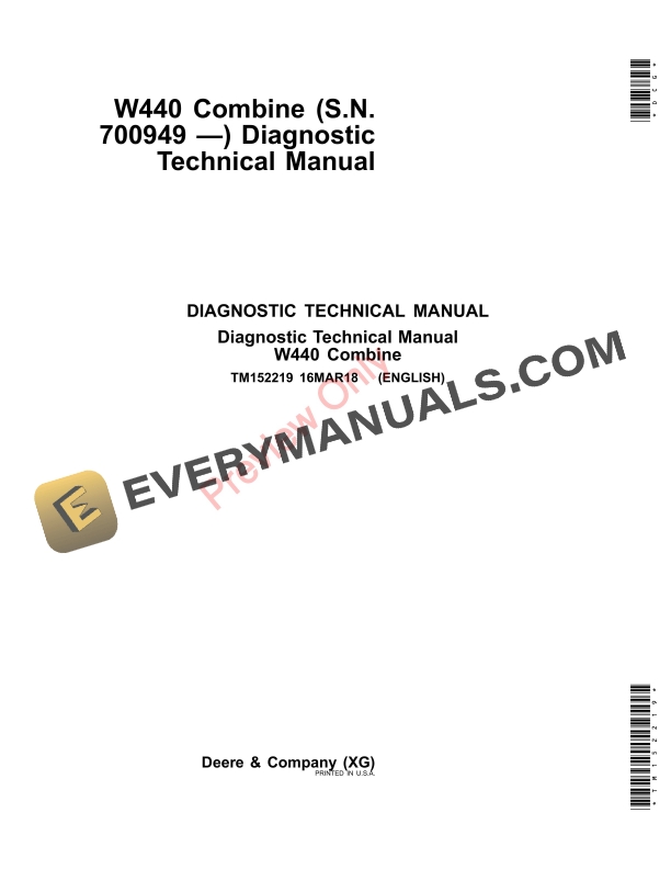 John Deere W440 Combine Diagnostic Technical Manual TM152219 16MAR18