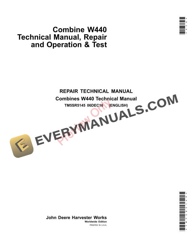 John Deere W440 Combines Technical Manual TM5SR5145 21JUL17 1