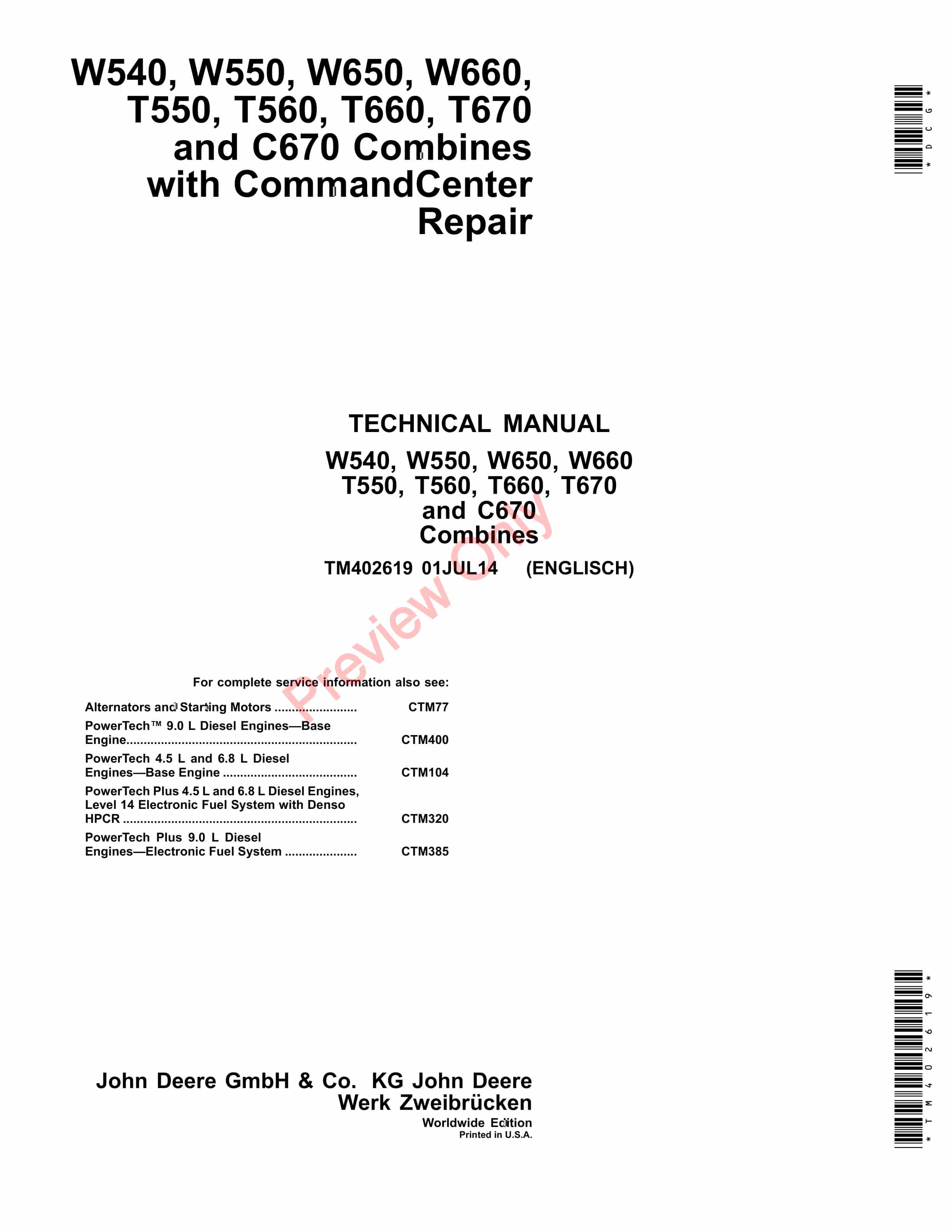 John Deere W540 W550 W560 W660 T550 T560 T660 T670 C670 Combine Technical Manual TM402619 01JUL14 1