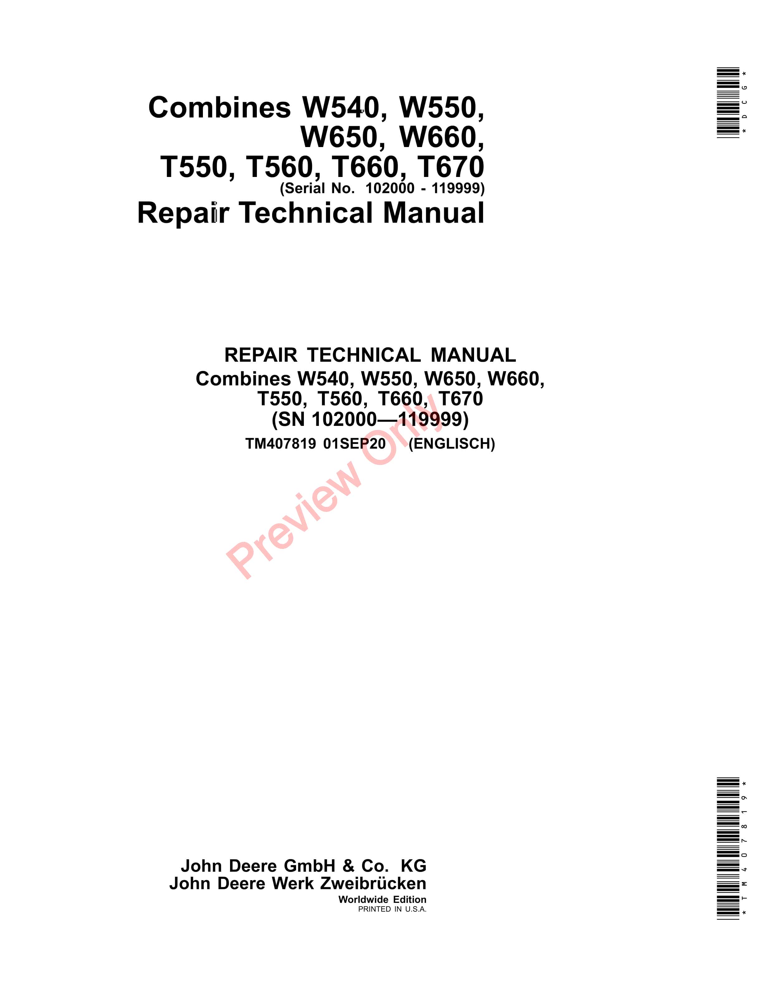 John Deere W540 W550 W650 W660 T550 T560 T660 and T670 MY2016 Repair Technical Manual TM407819 01SEP20 1