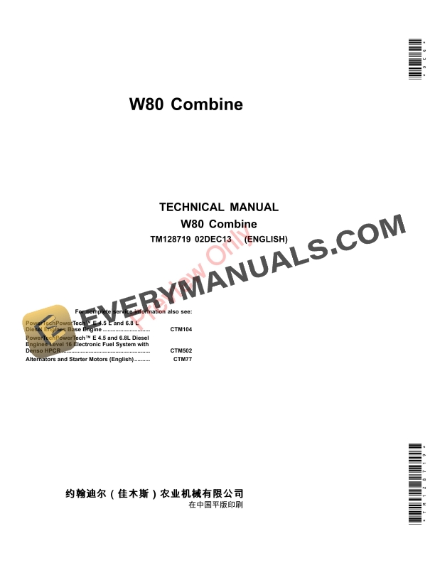 John Deere W80 Combine (010000-) Technical Manual TM128719 23DEC14