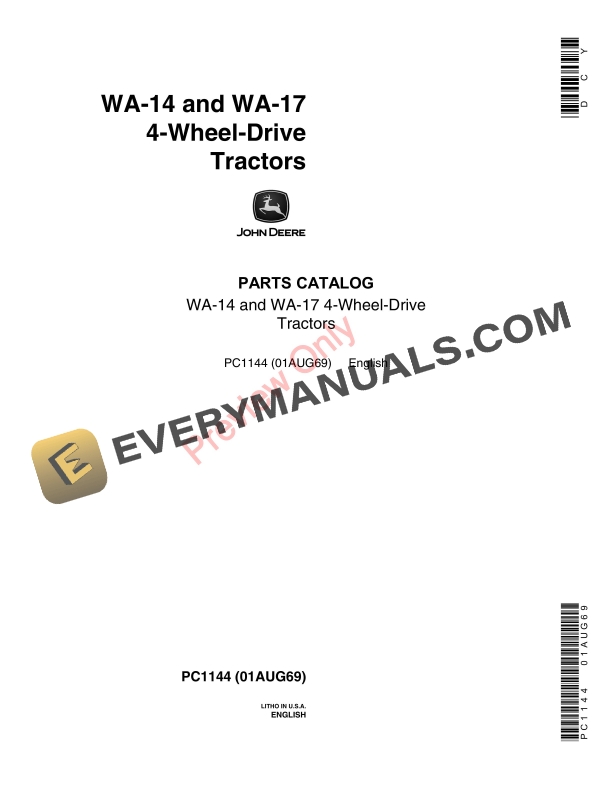 John Deere WA 14 WA 17 Four Wheel Drive Tractors Parts Catalog PC1144 01AUG69 1