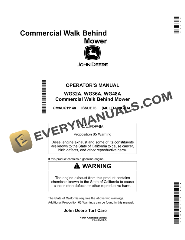 John Deere WG32A, WG36A, WG48A Commercial Walk Behind Mower Operator Manual OMAUC11148
