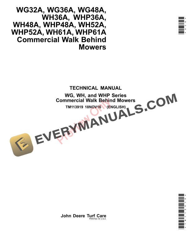 John Deere WG32A WG36A WG48A WH36A WHP36A WH48A WHP48A WH52A WHP52A WH61A and WHP61A Commercial Walk Behind Mowers Technical Manual TM113919 18NOV16 1
