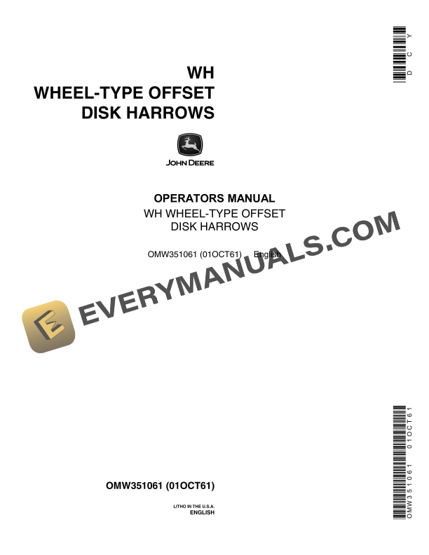 John Deere WH WHEEL TYPE OFFSET DISK HARROWS Operator Manual OMW351061 1