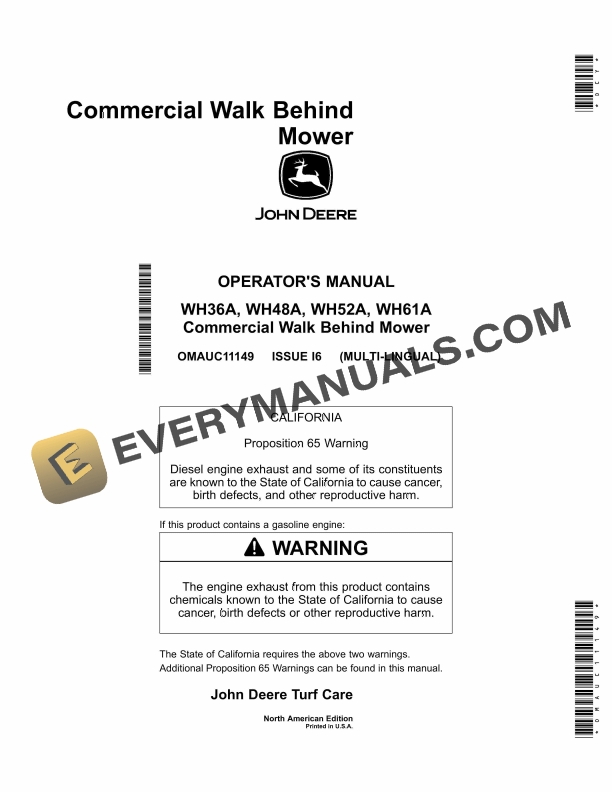 John Deere WH36A, WH48A, WH52A, WH61A Commercial Walk Behind Mower Operator Manual OMAUC11149
