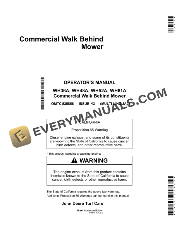 John Deere WH36A, WH48A, WH52A, WH61A Commercial Walk Behind Mower Operator Manual OMTCU35856