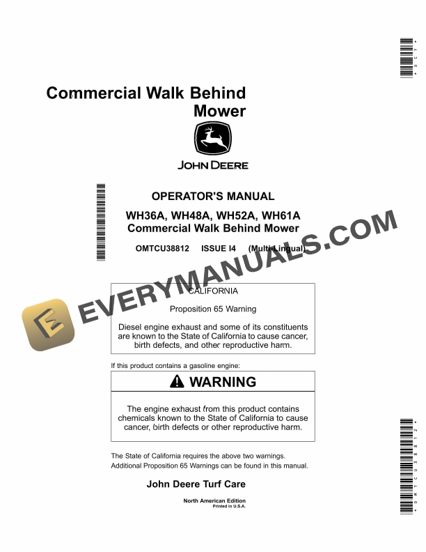 John Deere WH36A, WH48A, WH52A, WH61A Commercial Walk Behind Mower Operator Manual OMTCU38812