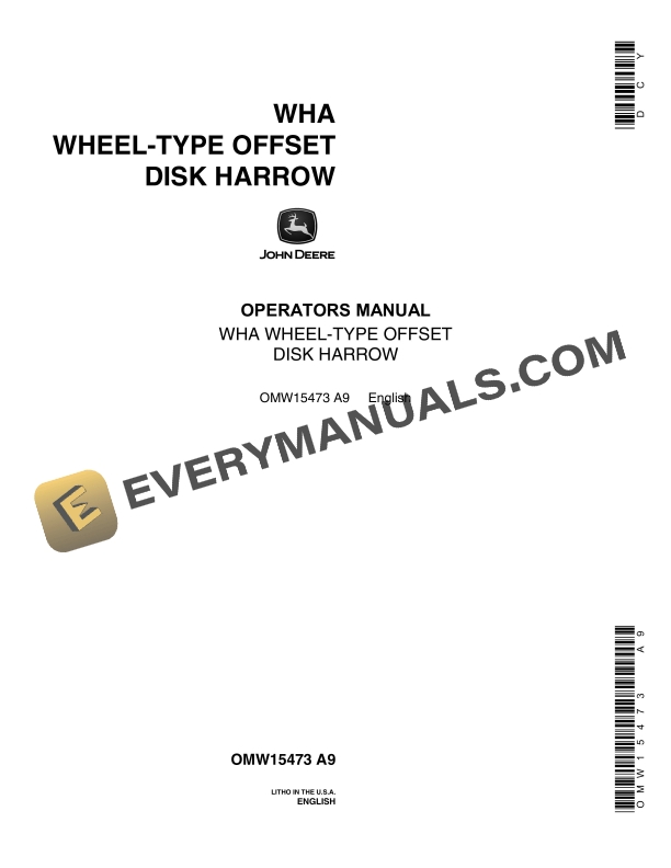 John Deere WHA WHEEL TYPE OFFSET DISK HARROWS Operator Manual OMW15473 1