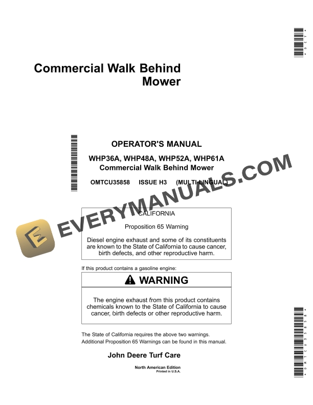 John Deere WHP36A, WHP48A, WHP52A, WHP61A Commercial Walk Behind Mower Operator Manual OMTCU35858
