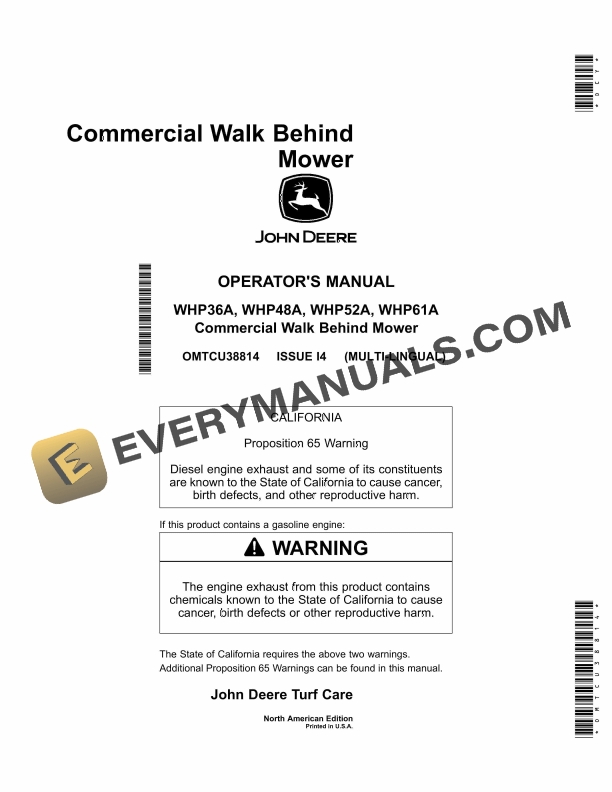 John Deere WHP36A, WHP48A, WHP52A, WHP61A Commercial Walk Behind Mower Operator Manual OMTCU38814