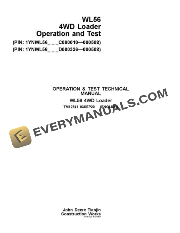 John Deere WL56 Loader Test Manual TM12741