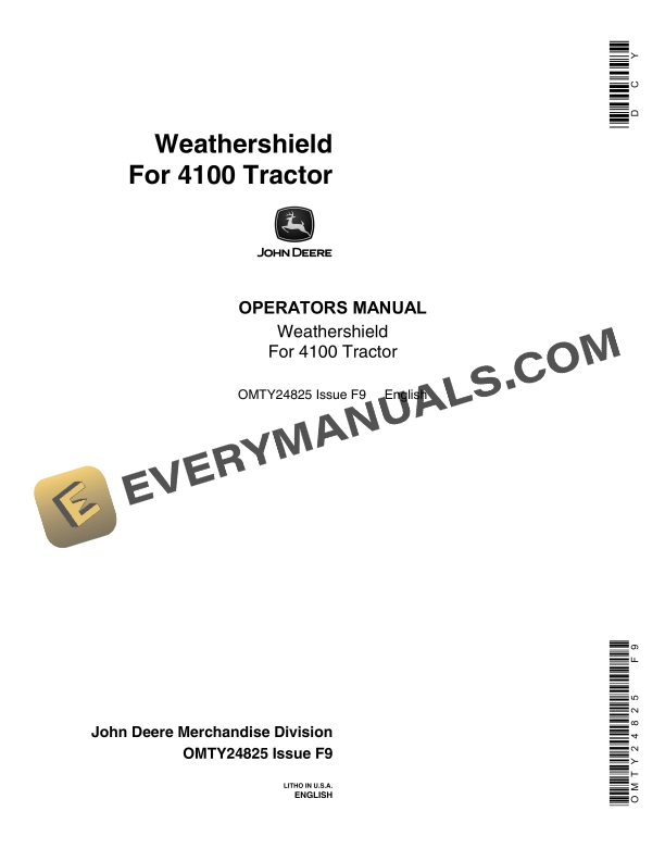 John Deere Weathershield For 4100 Tractor Operator Manual OMTY24825