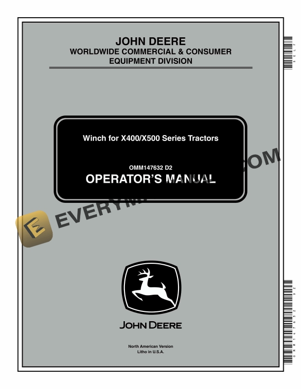 John Deere Winch For X400, X500 Series Tractors Operator Manual OMM147632