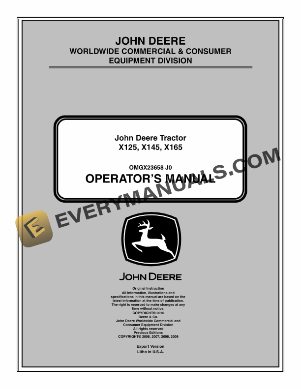 John Deere X125 X145 X165 Tractor Operator Manual OMGX23658 1
