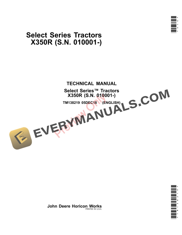 John Deere X350R Select Series Tractors Repair Technical Manual TM138219 15DEC18 PDF