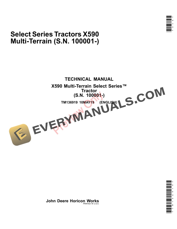 John Deere X590 Multi-Terrain Select Series Tractors Technical Manual TM136919 10MAY19 PDF