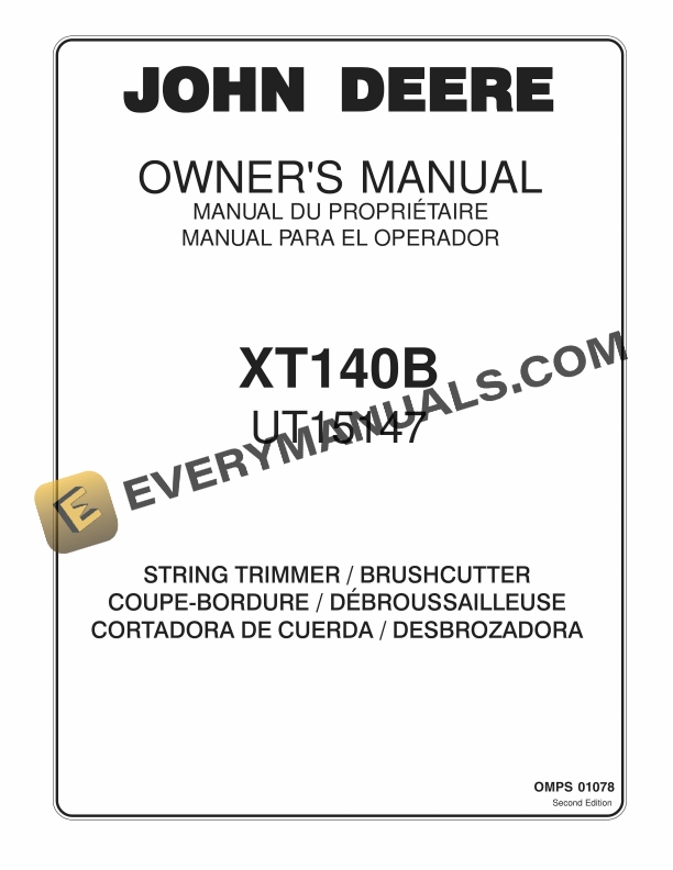John Deere XT140B UT15147 STRING TRIMMER BRUSHCUTTER Operator Manual OMPS01078 1