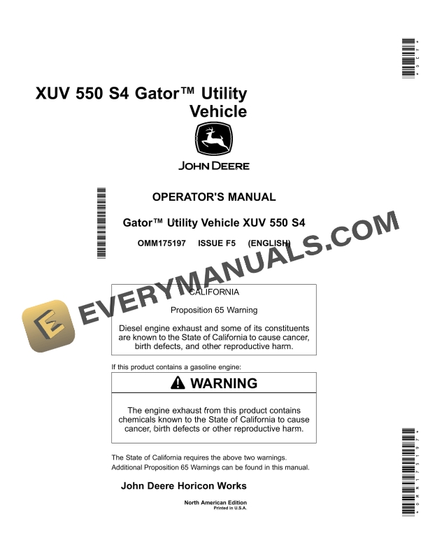 John Deere XUV 550 S4 Gator Utility Vehicle Operator Manual OMM175197