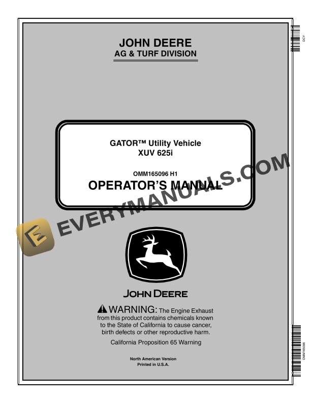 John Deere XUV 625i Gator Utility Vehicle Operator Manual OMM165096