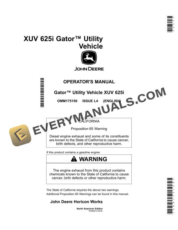 John Deere XUV 625i Gator Utility Vehicles Operator Manual OMM175150 1