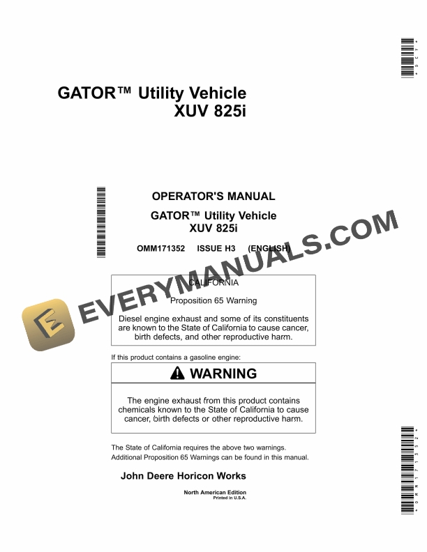 John Deere XUV 825i GATOR Utility Vehicles Operator Manual OMM171352 1