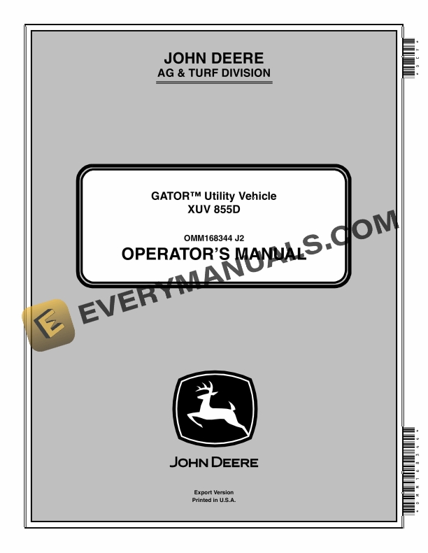 John Deere XUV 855D Gator Utility Vehicle Operator Manual OMM168344 2 John Deere XUV 855D GATOR Utility Vehicles Operator Manual OMM168344 1
