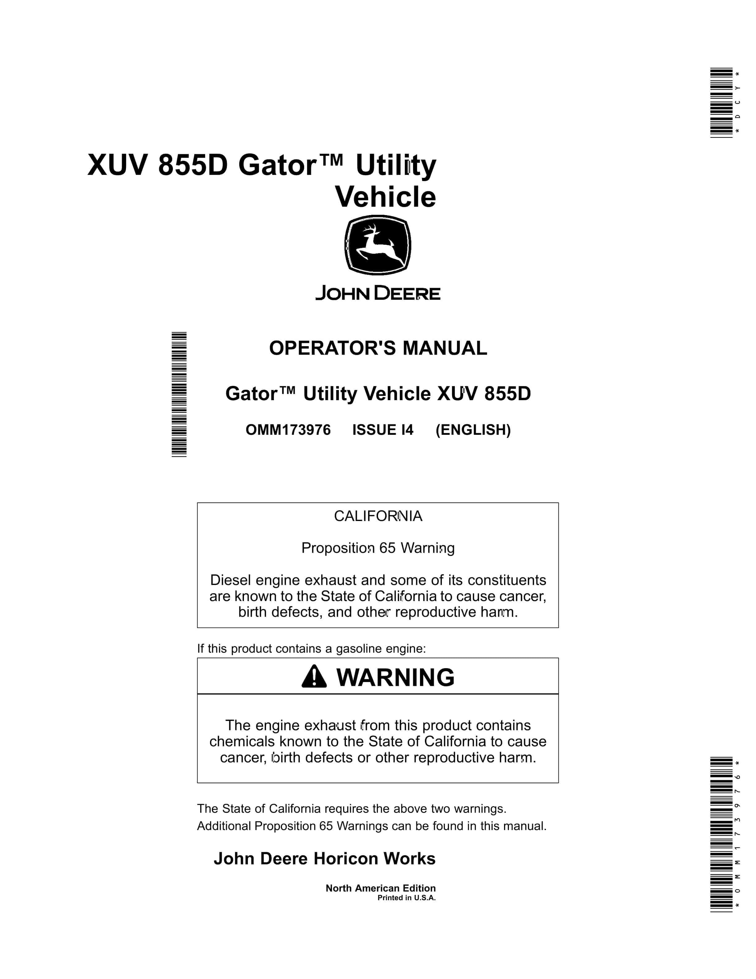 John Deere XUV 855D Gator Utility Vehicles Operator Manual OMM173976 1