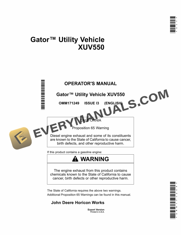 John Deere XUV550 Gator Utility Vehicle Operator Manual OMM171249 1 John Deere XUV550 Gator Utility Vehicles Operator Manual OMM171249 1