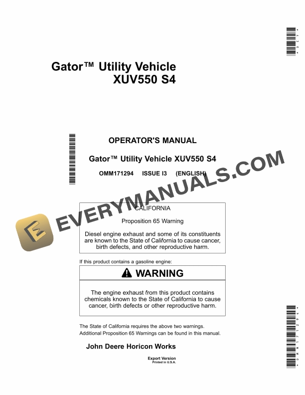 John Deere XUV550 S4 Gator Utility Vehicle Operator Manual OMM171294 1 John Deere XUV550 S4 Gator Utility Vehicles Operator Manual OMM171294 1
