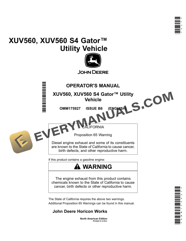 John Deere XUV560, XUV560 S4 Gator Utility Vehicles Operator Manual OMM175927 1 John Deere XUV560 XUV560 S4 Gator Utility Vehicles Operator Manual OMM175927 1