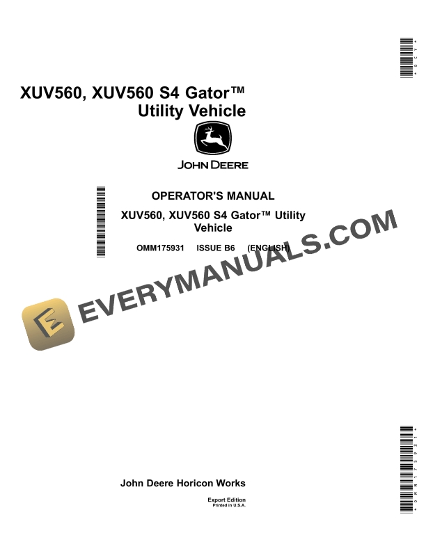John Deere XUV560, XUV560 S4 Gator Utility Vehicles Operator Manual OMM175931