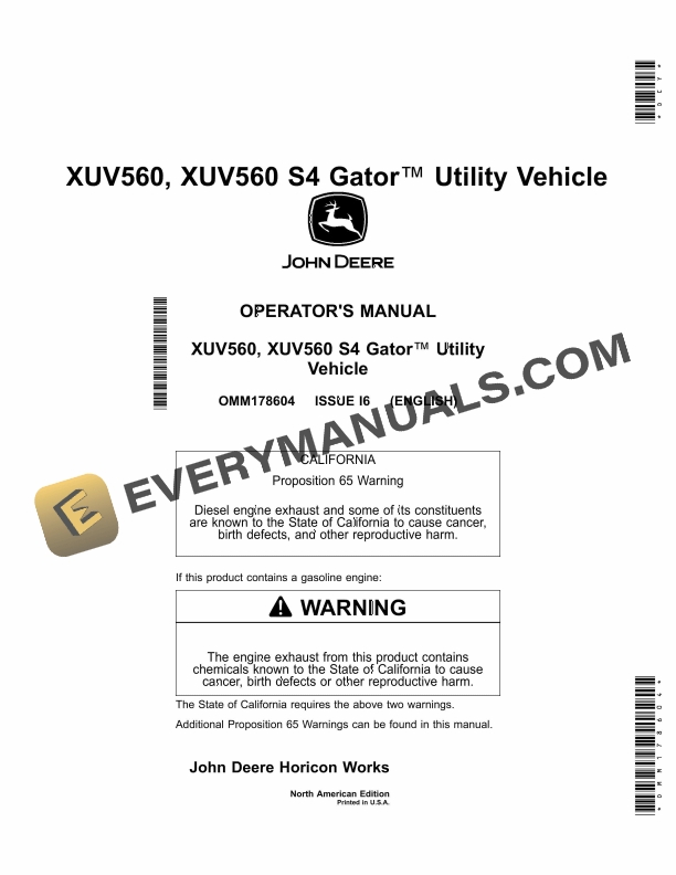 John Deere XUV560, XUV560 S4 Gator Utility Vehicles Operator Manual OMM178604