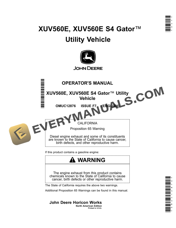 John Deere XUV560E XUV560E S4 Gator Utility Vehicles Operator Manual OMUC12876 1