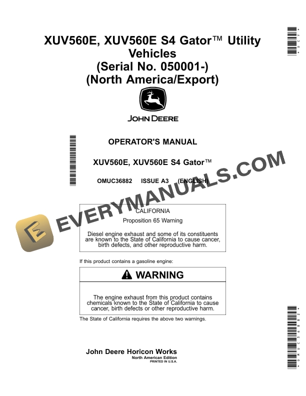 John Deere XUV560E, XUV560E S4 Gator Utility Vehicles Operator Manual OMUC36882