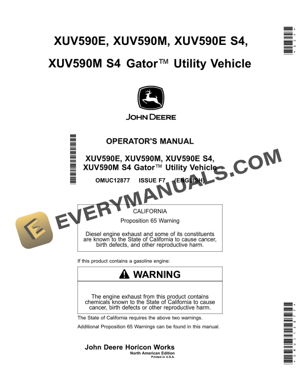 John Deere XUV590E XUV590M XUV590E S4 XUV590M S4 Gator Utility Vehicles Operator Manual OMUC12877 1