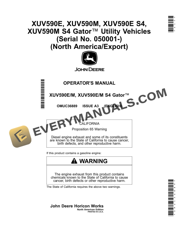 John Deere XUV590E XUV590M XUV590E S4 XUV590M S4 Gator Utility Vehicles Operator Manual OMUC36889 1