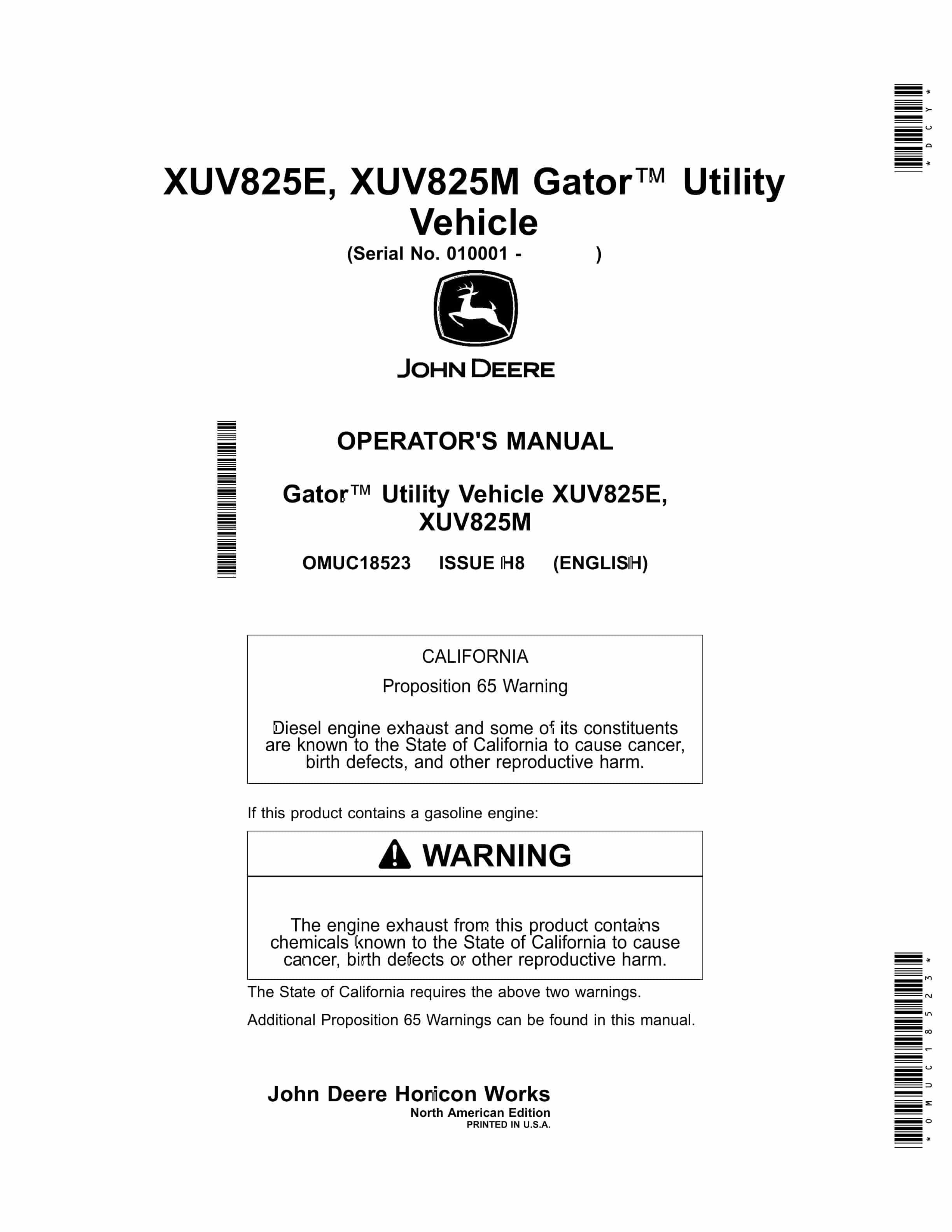 John Deere XUV825E XUV825M Gator Utility Vehicles Operator Manual OMUC18523 1