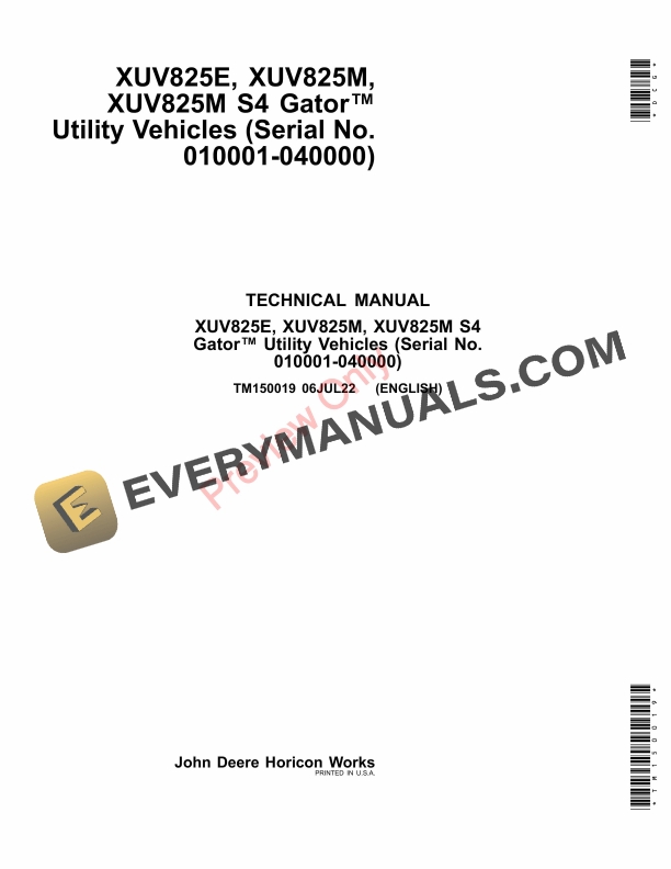 John Deere XUV825E XUV825M and XUV825M S4 Gator Utility Vehicles 010001 Technical Manual TM150019 06JUL22 1