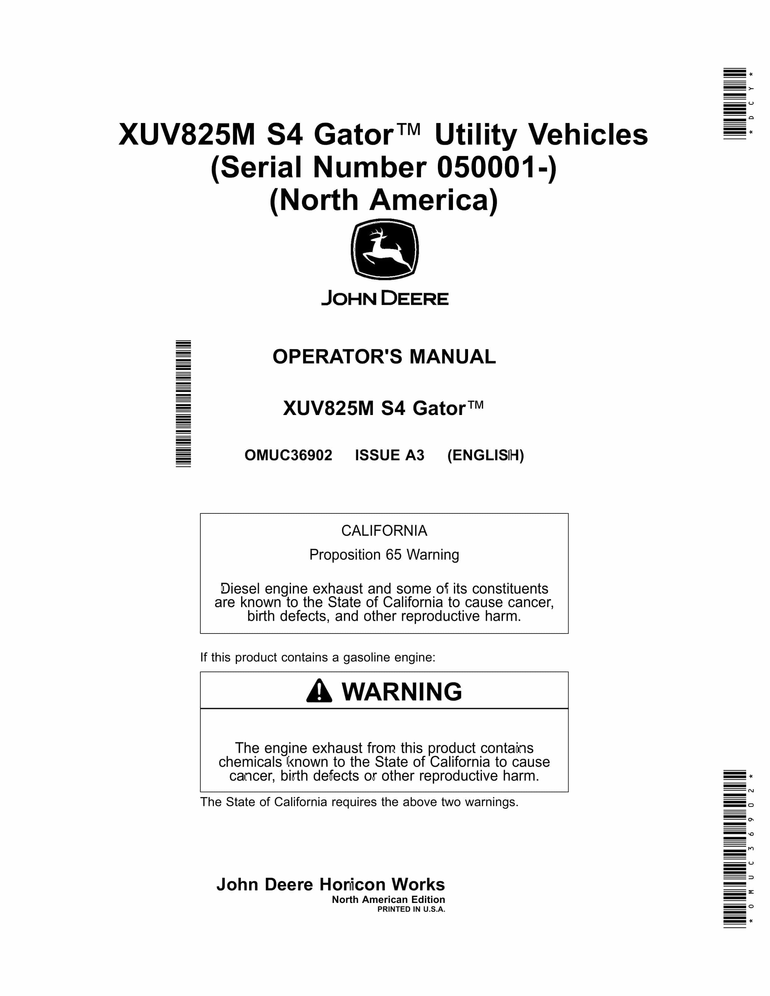John Deere XUV825M S4 Gator Utility Vehicles Operator Manual OMUC36902 1