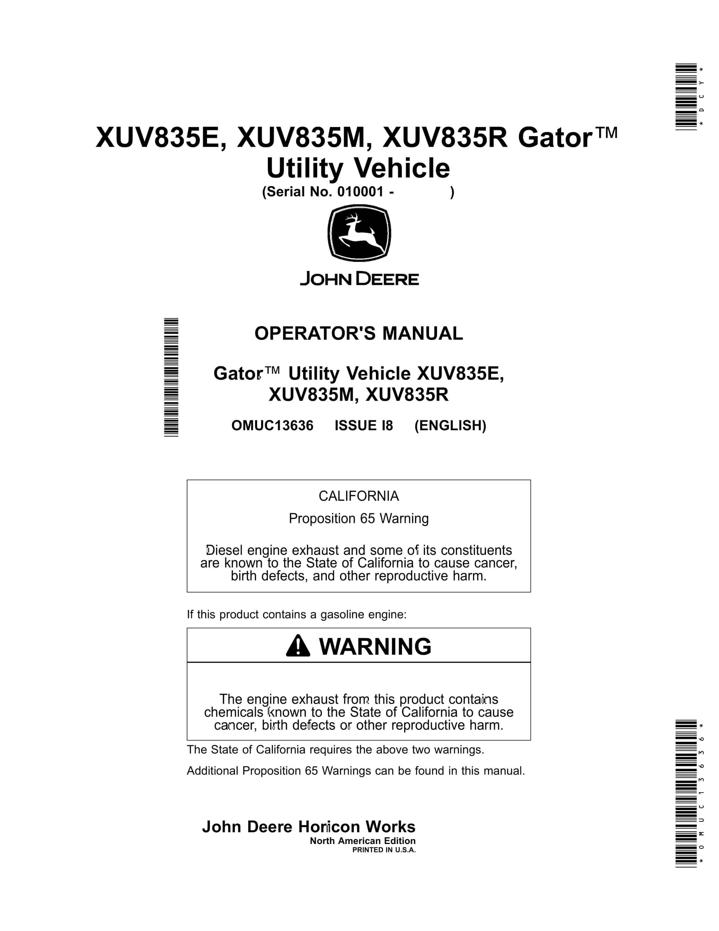 John Deere XUV835E XUV835M XUV835R Gator Utility Vehicles Operator Manual OMUC13636 1