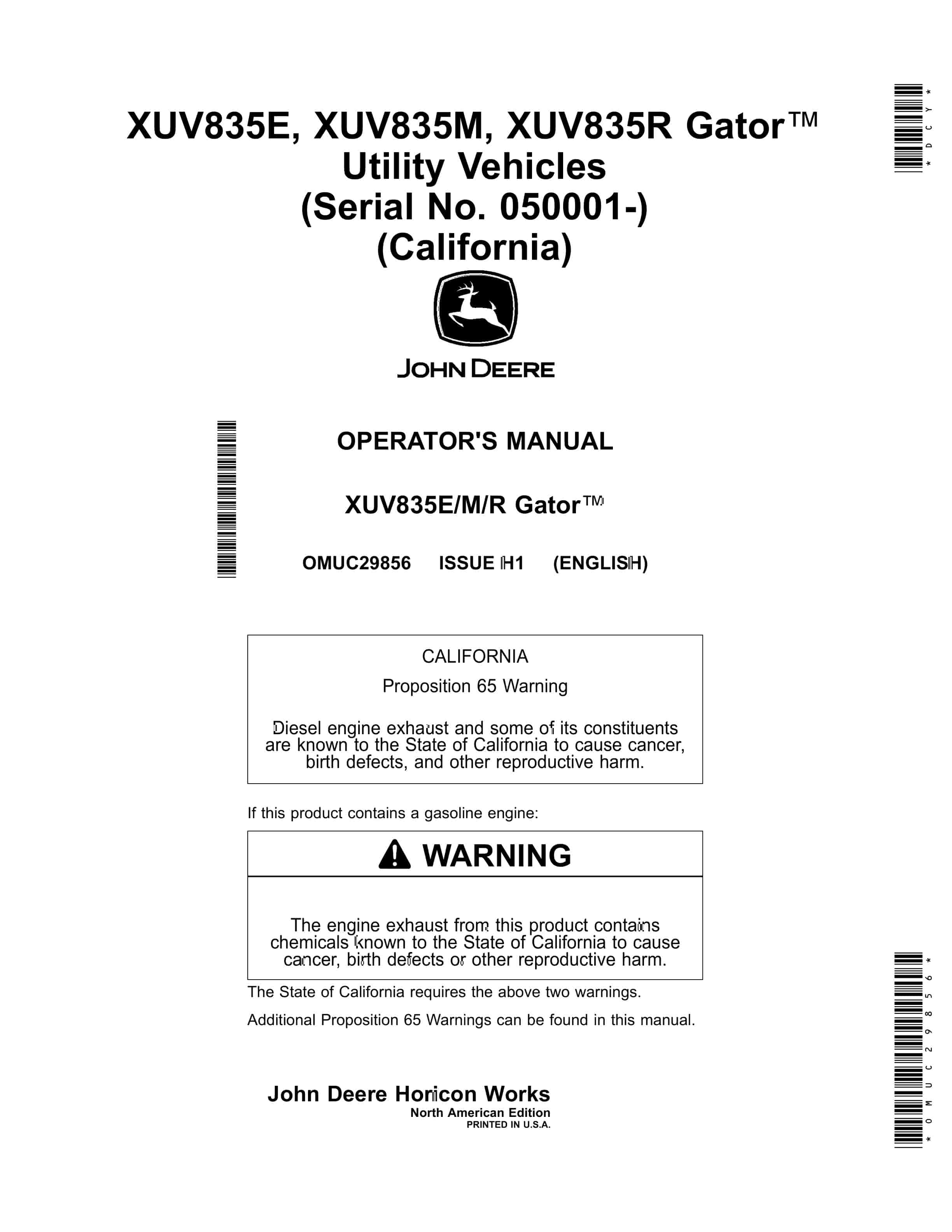 John Deere XUV835E XUV835M XUV835R Gator Utility Vehicles Operator Manual OMUC29856 1