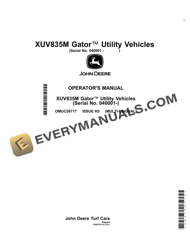 John Deere XUV835M Gator Utility Vehicle Operator Manual OMUC26717