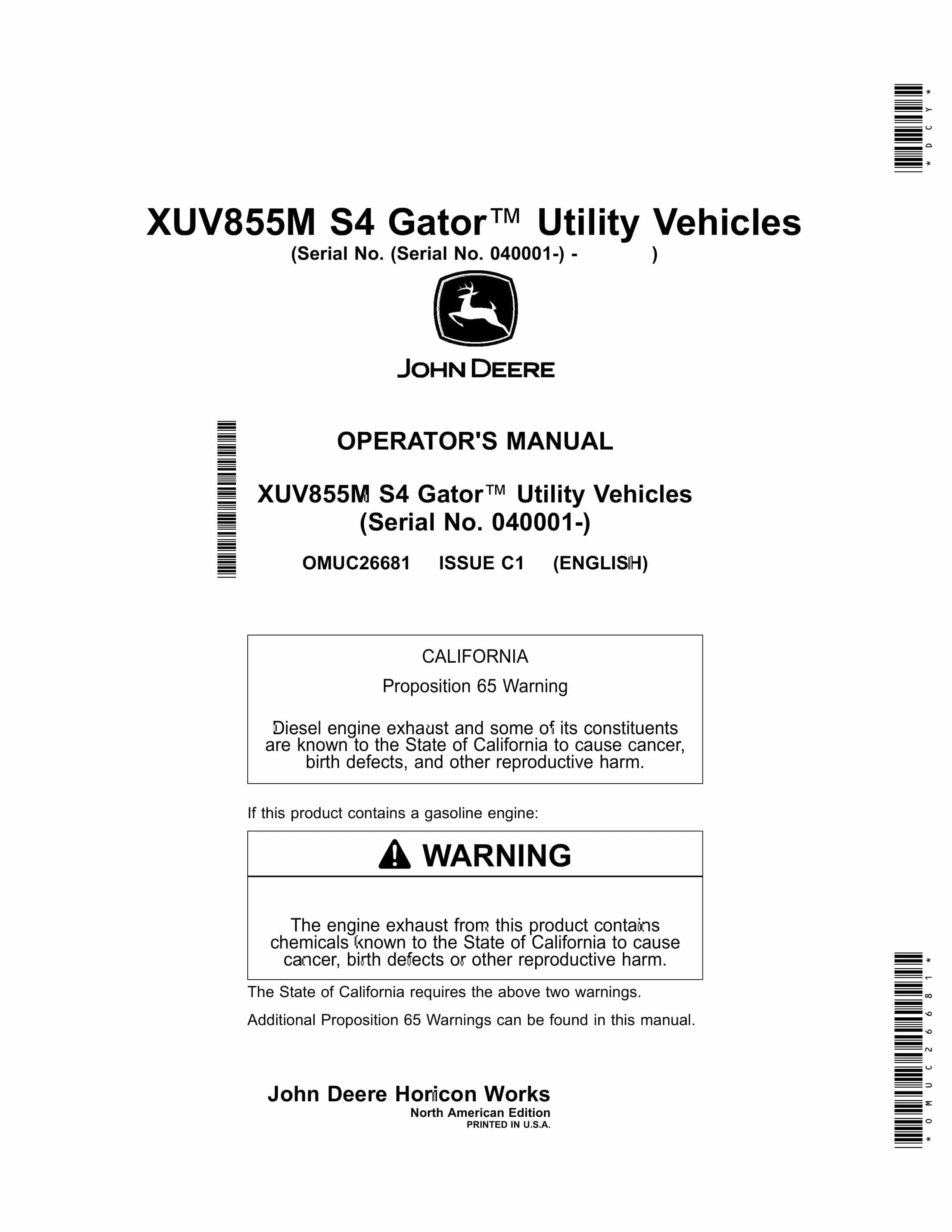 John Deere XUV855M S4 Gator Utility Vehicles Operator Manual OMUC26681 1