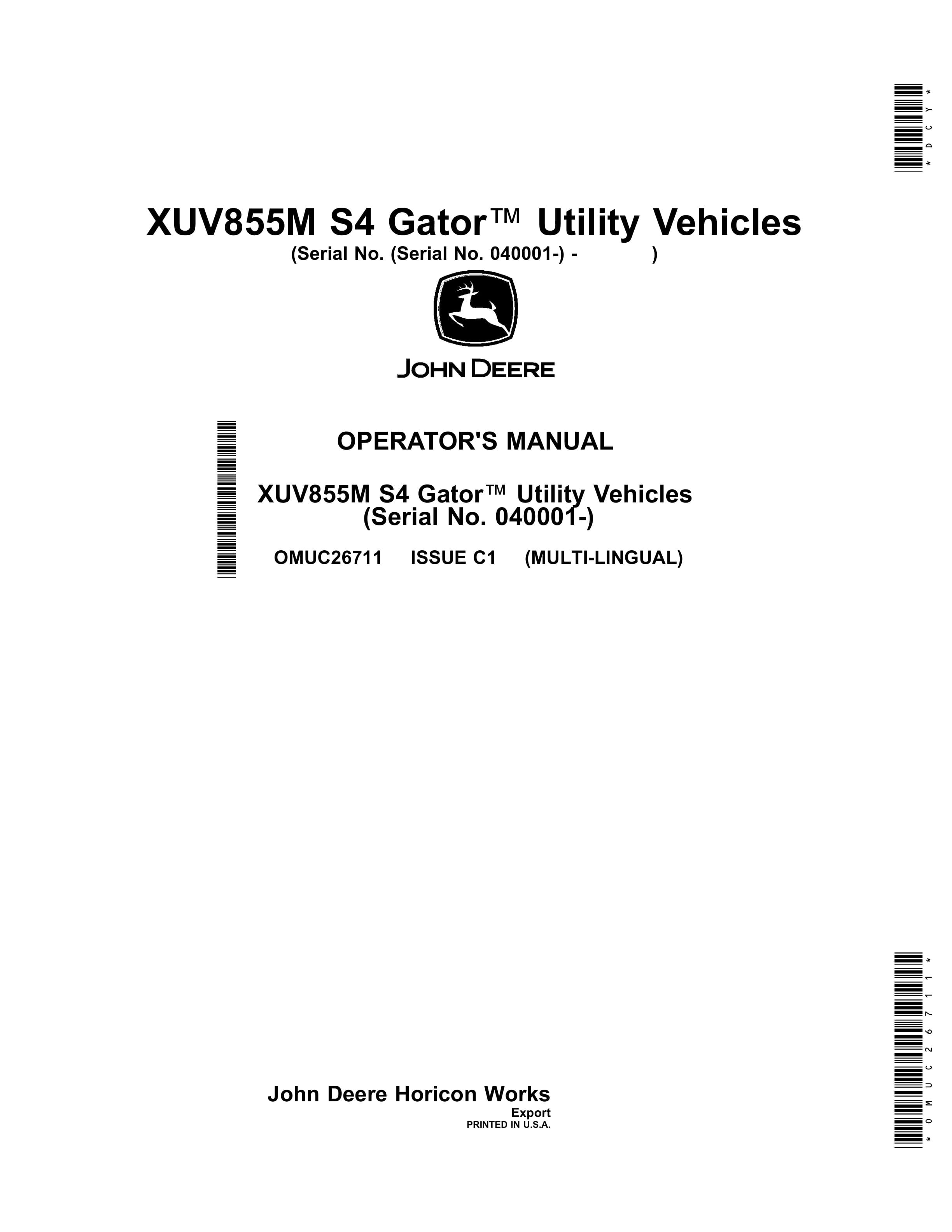 John Deere XUV855M S4 Gator Utility Vehicles Operator Manual OMUC26711 1