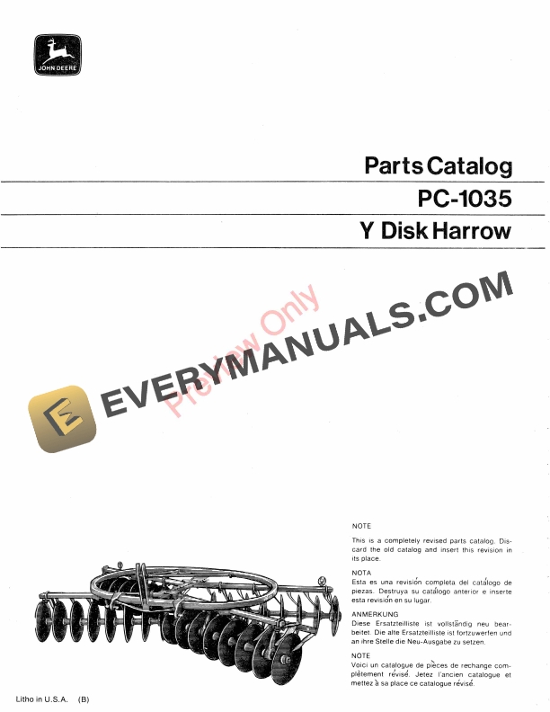 John Deere Y Disk Harrow Parts Catalog PC1035 01MAR70