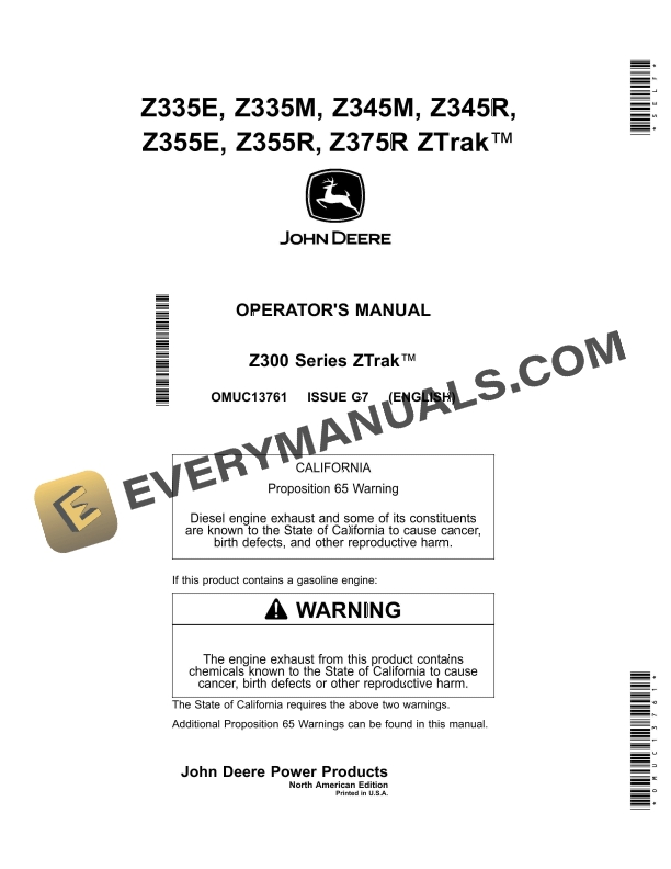 John Deere Z335E, Z335M, Z345M, Z345R, Z355E, Z355R, Z375R ZTrak Operator Manual OMUC13761