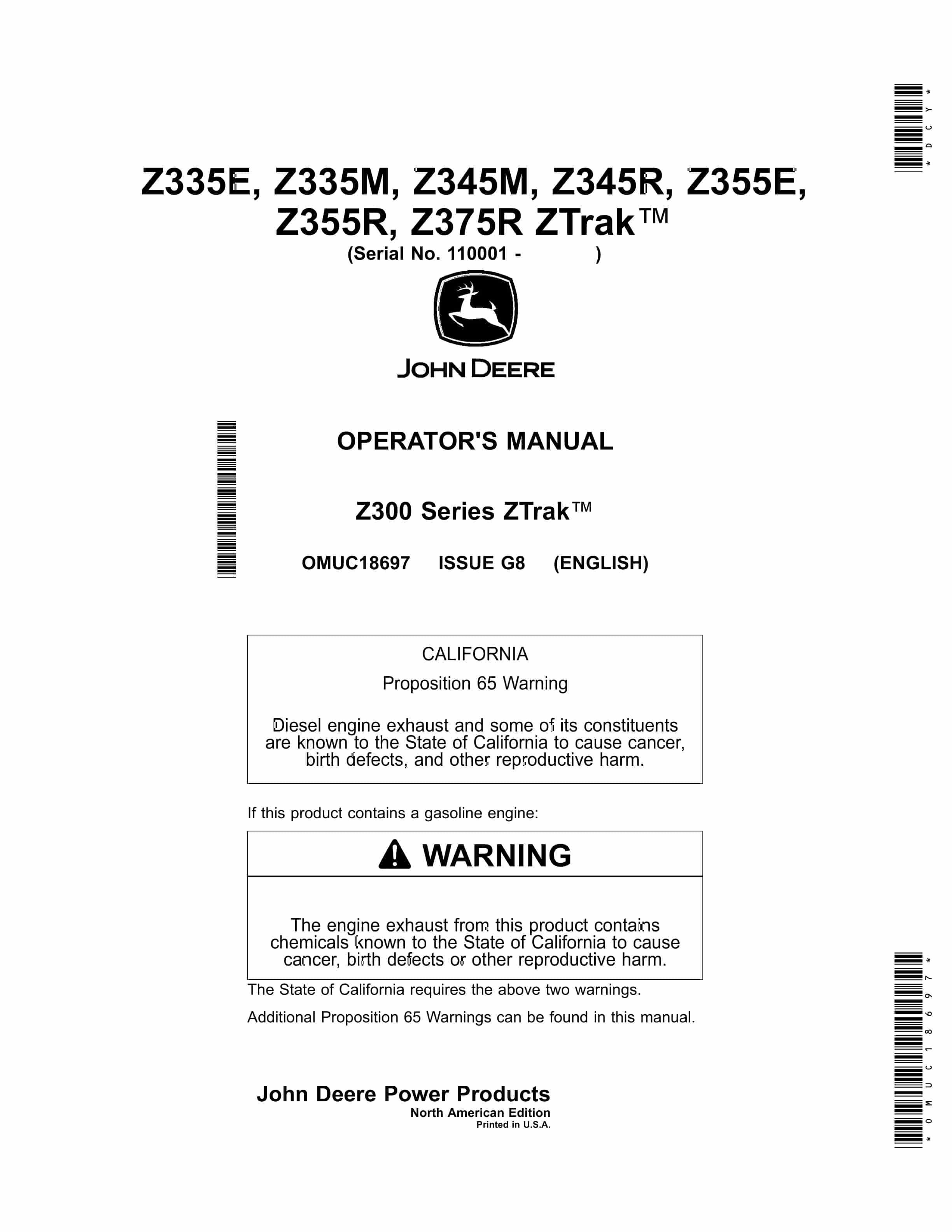 John Deere Z335E Z335M Z345M Z345R Z355E Z355R Z375R ZTrak Operator Manual OMUC18697 1
