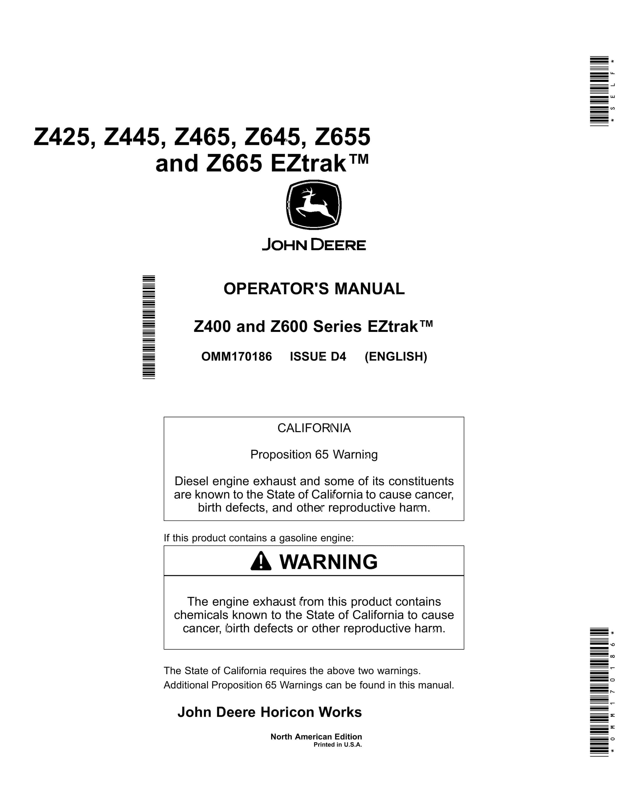 John Deere Z425 Z445 Z465 Z645 Z655 and Z665 EZtrak Operator Manual OMM170186 1