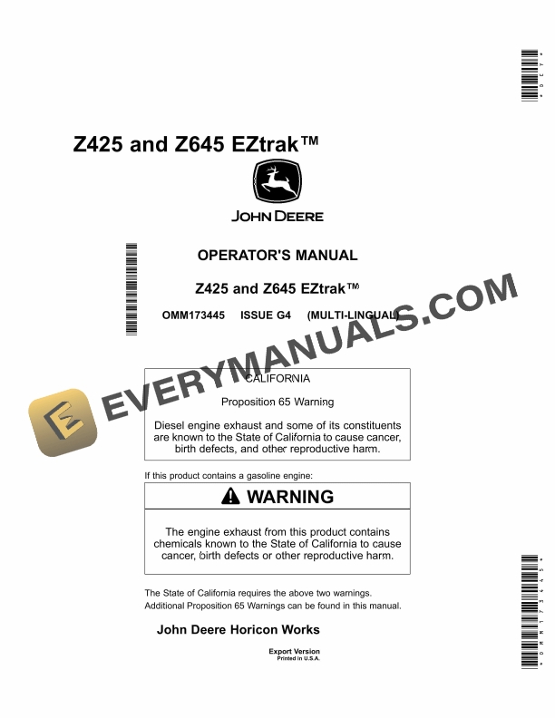 John Deere Z425 and Z645 EZtrak Operator Manual OMM173445